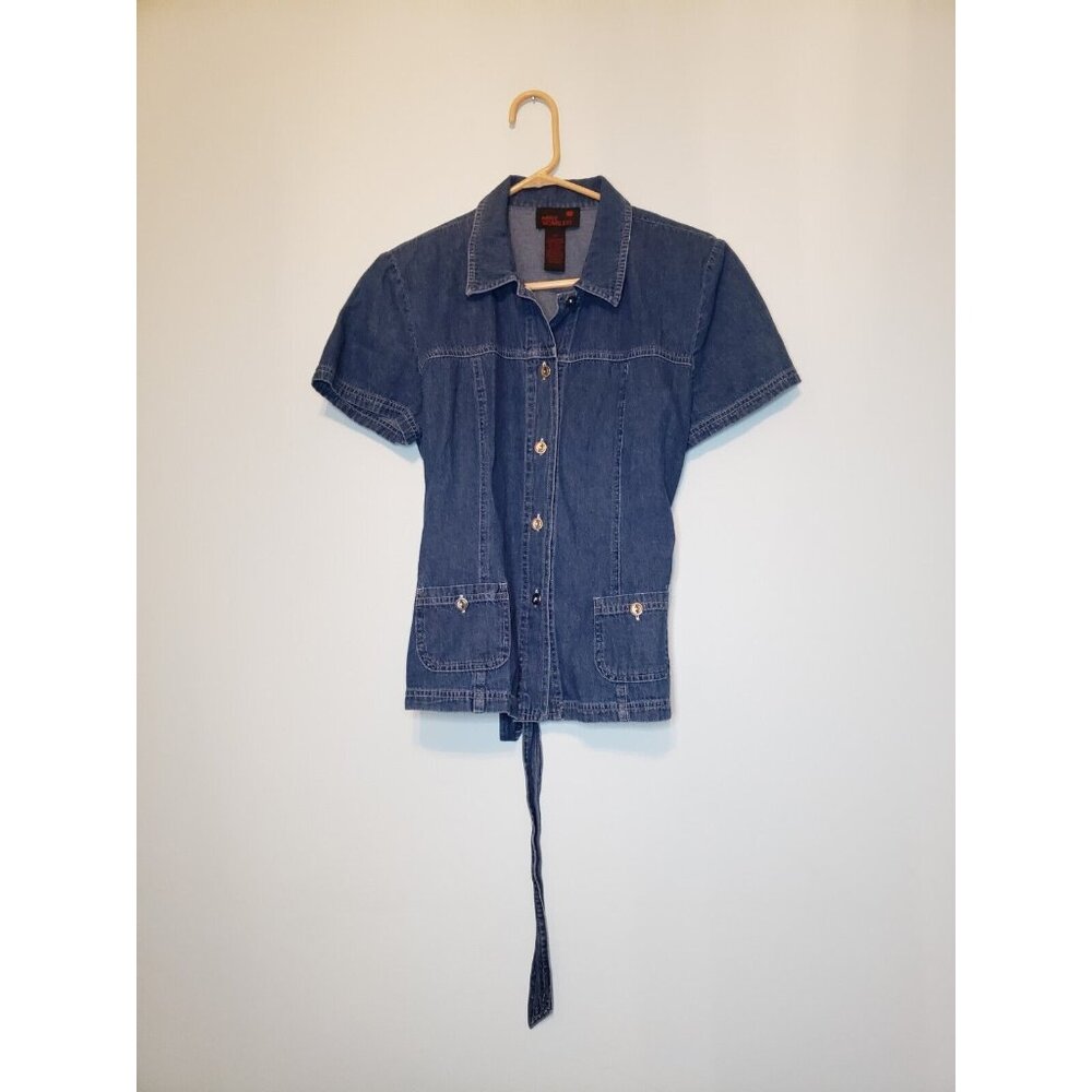 Miss Scarlett Womens Petite 14P Blouse Button Front Back Tie Short Sleeve Denim
